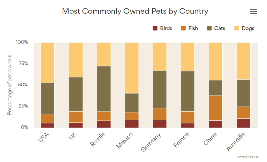 Most Commonly Owned Pets by Country – Column chart