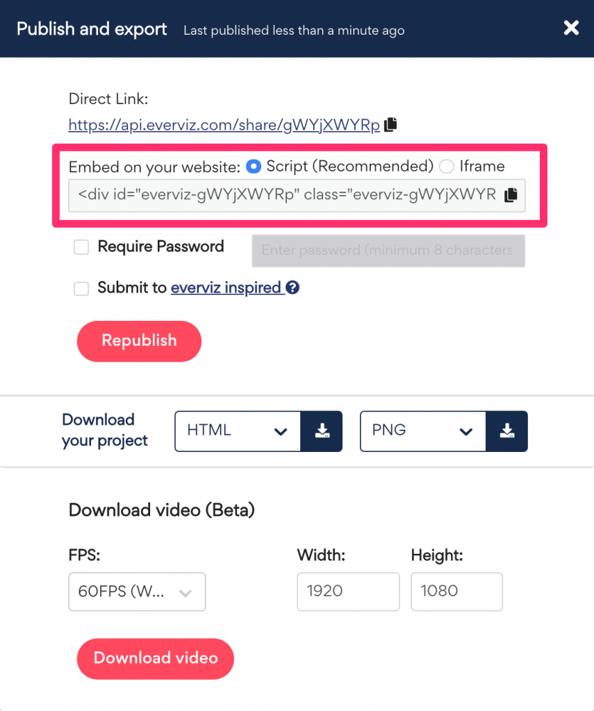 publish dialog with embed functions highlighted
