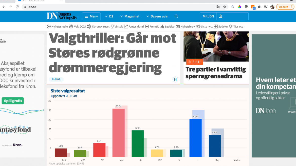 Screenshot of Front page of dn.no during the election